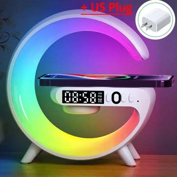 White with US Plug Color Mini Wireless Charging Alarm Clock With RGB Speaker