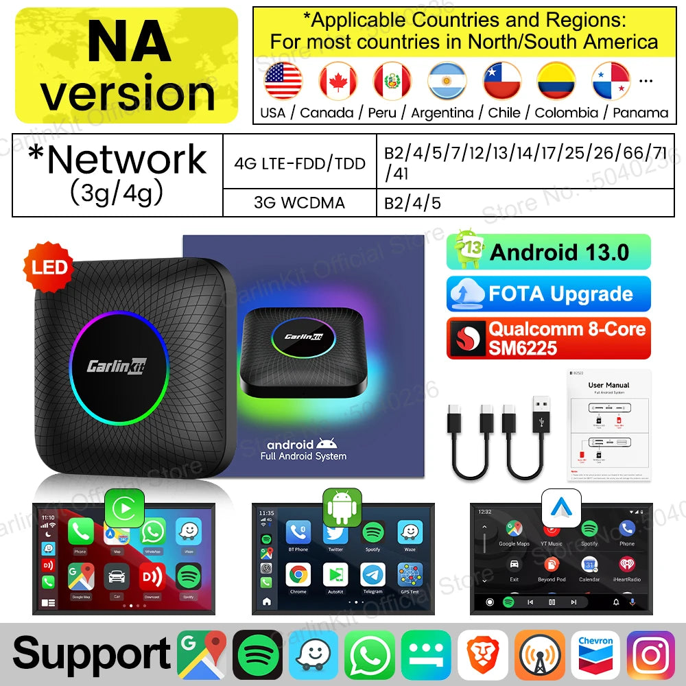 NA SM6225 LED Color Android 13 CarPlay AI Box Adapter – 8-Core, Dual-Band WiFi