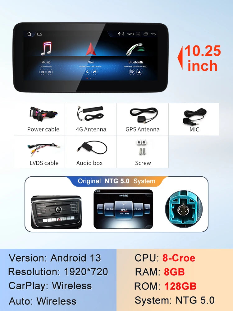 5.0 8G 128G 10.25 Color Android Car Multimedia Screen For Mercedes A-Class W176
