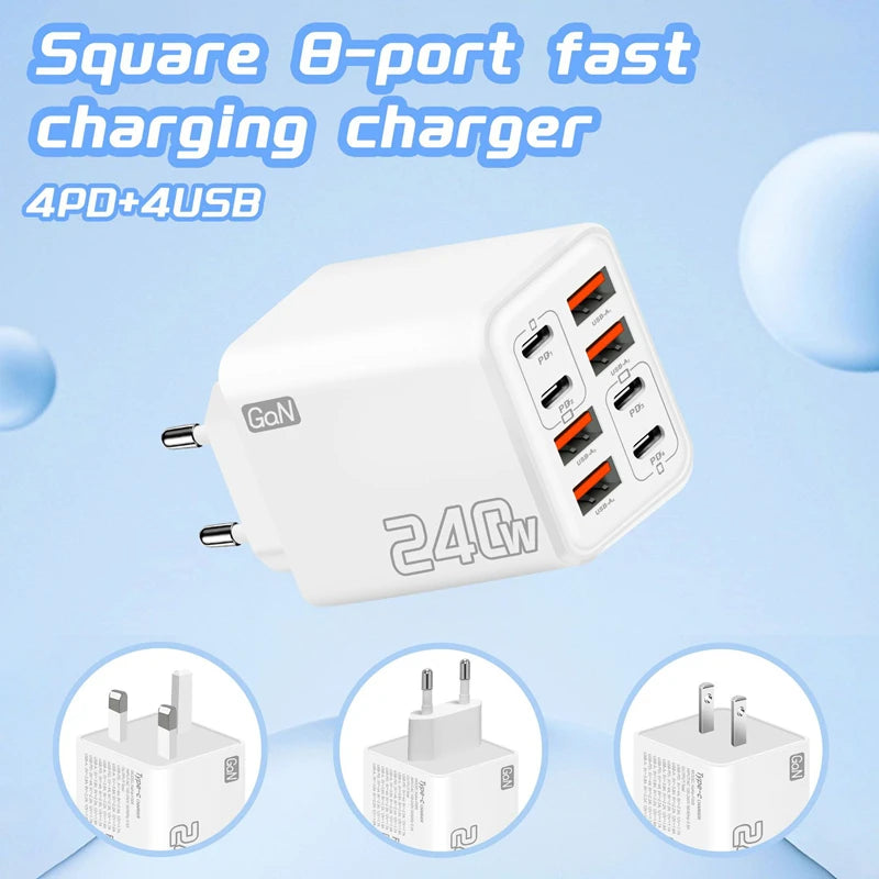 GaN Multi-Port USB & Type-C Charger – 8-Port Fast Charge