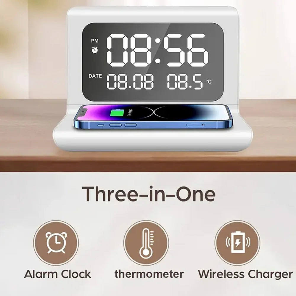 30W Wireless Charging Alarm Clock with LED Temperature Display