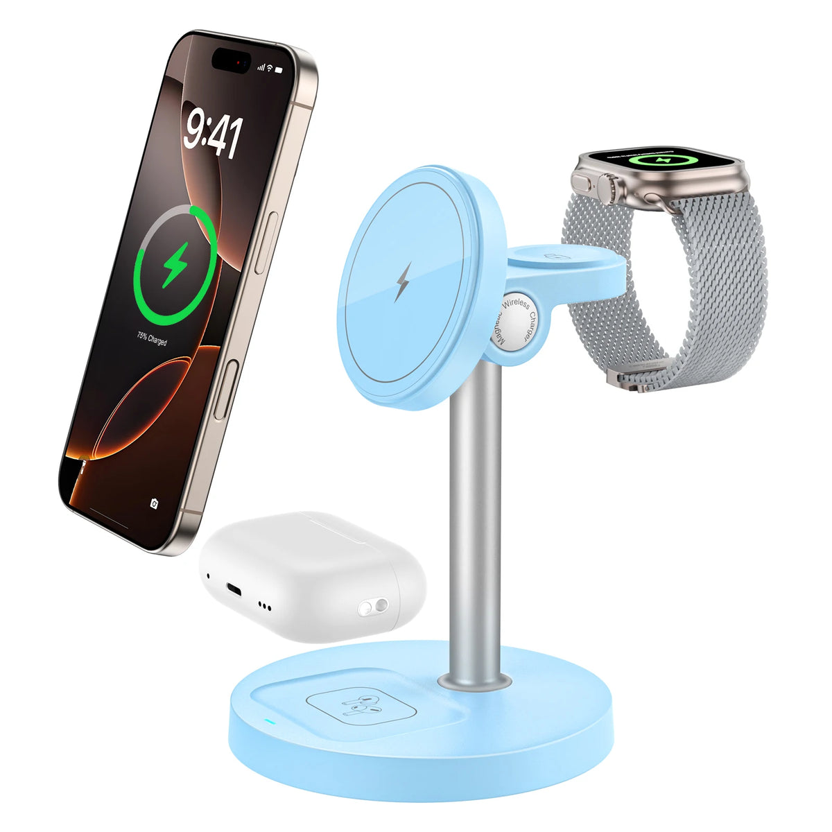Blue Color 3-in-1 Magnetic Wireless Charging Stand For Apple Devices