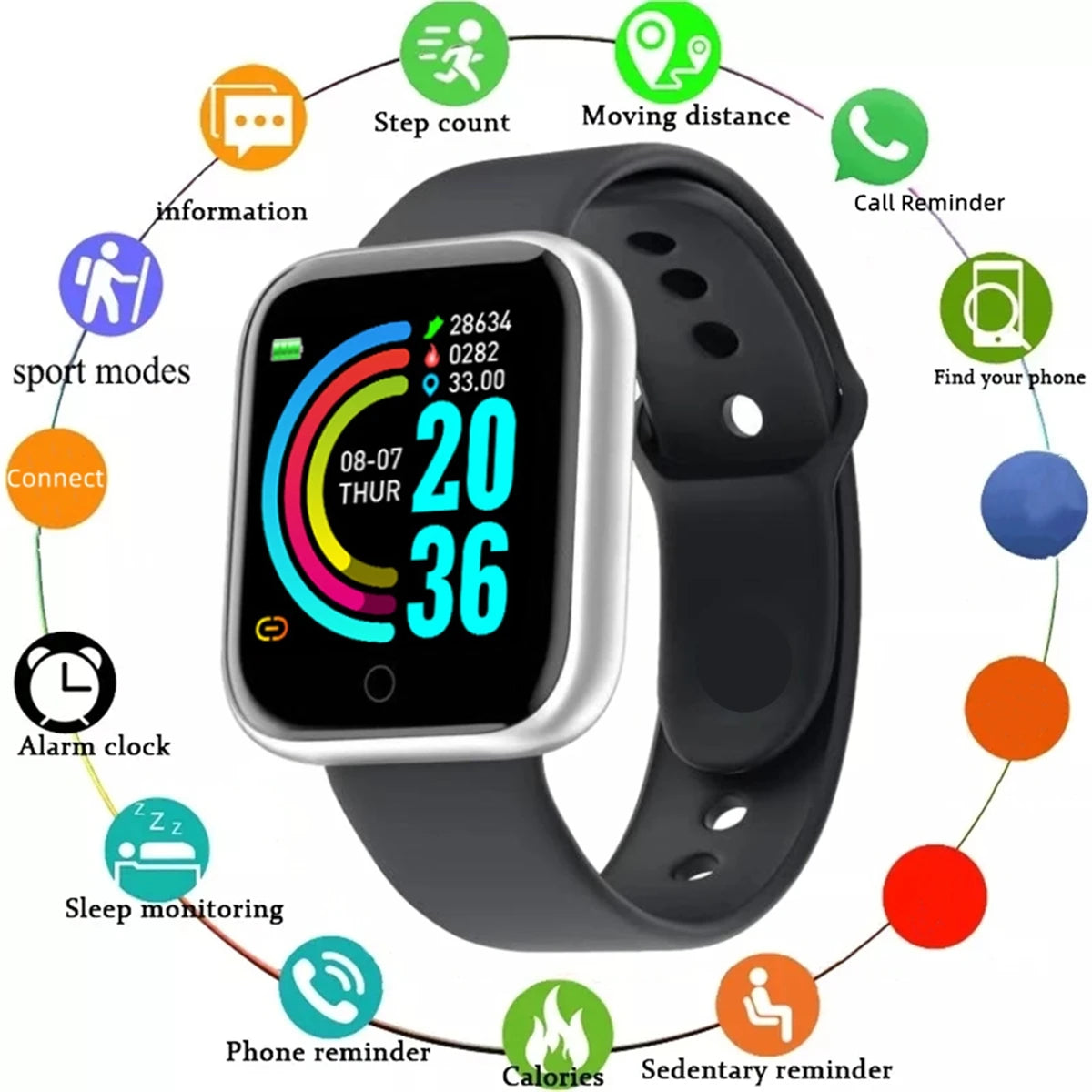 Y68 Silvery Color Unisex Fitness Smart Watch – Heart Rate & Message Alerts