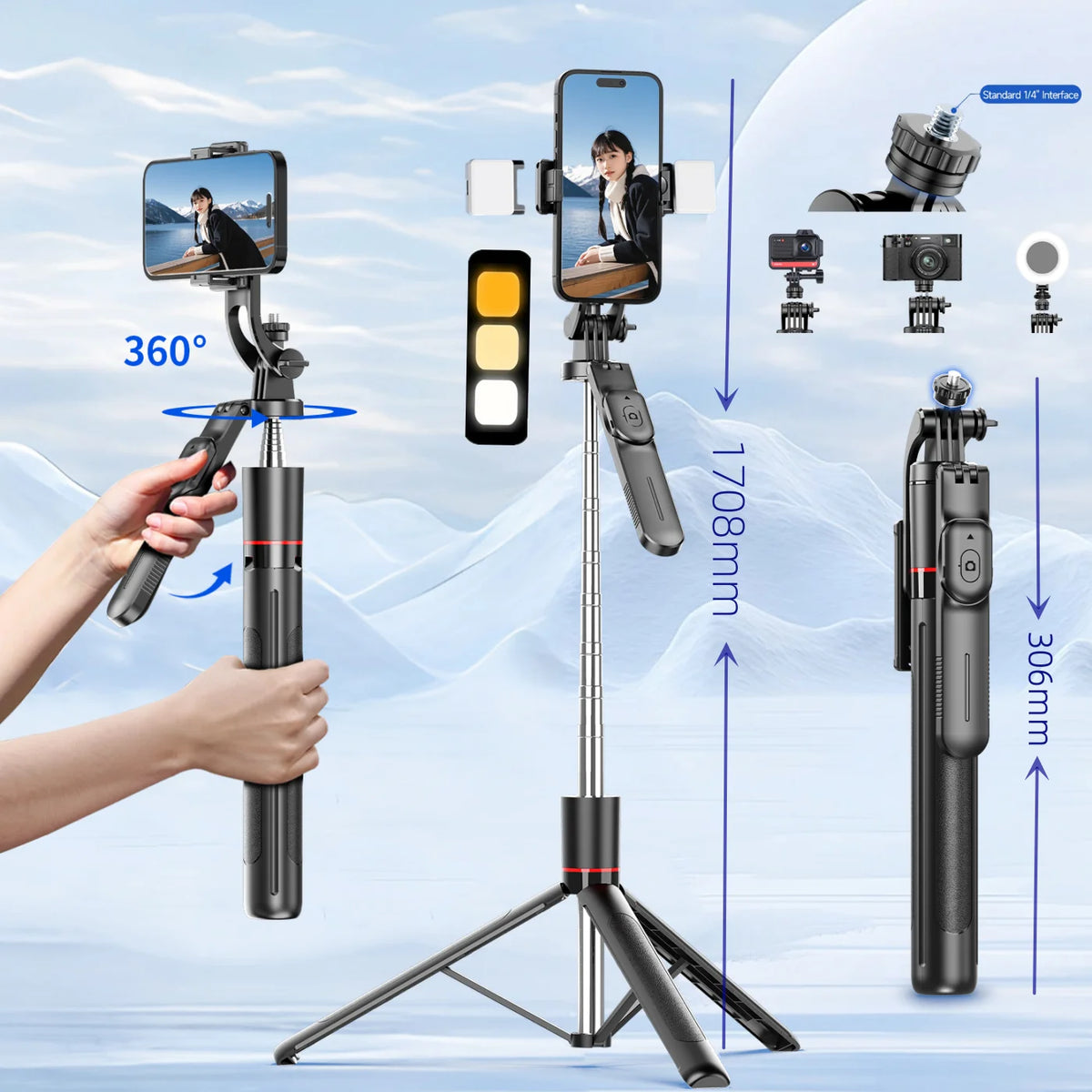 Bluetooth Selfie Stick Tripod with 1708 mm Extendable Pole